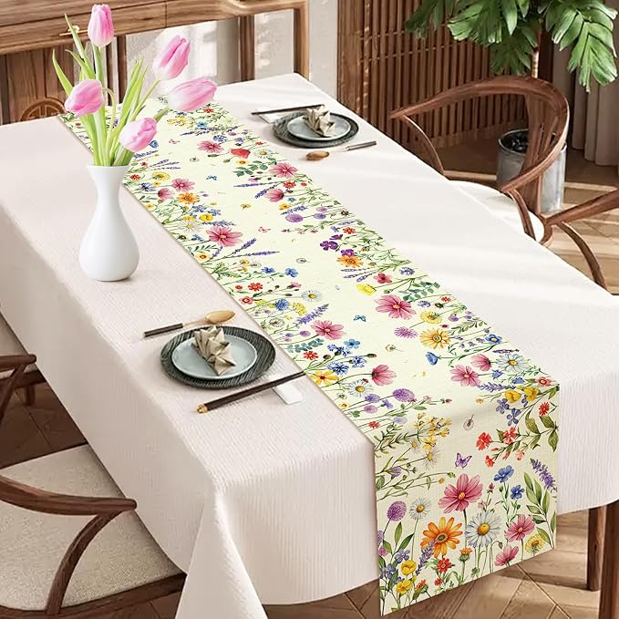Daisy Tulip Lavender Floral Leaves Summer Table Runner, Spring Home Kitchen - Image 7