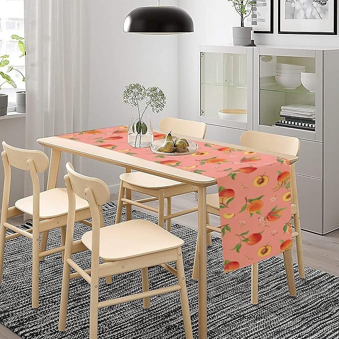 Pink Cute Peach Table Runner, Colorful Summer Fruit Floral Table Runner - Image 2