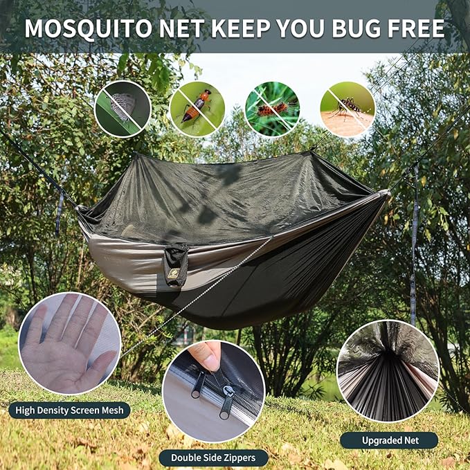 Hammock with Mesh Bug Net, Parachute Nylon, Black and Grey