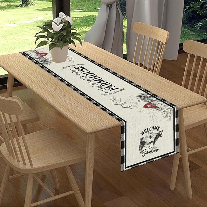 Farmhouse Table Runner, Rustic Country Barn Cottage Rooster Cow Check Animal - Image 2