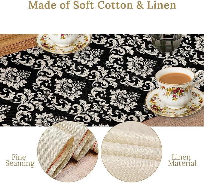 Black Damask Table Runner, Rustic Gothic Baroque Style Floral Boho Flower - Image 6