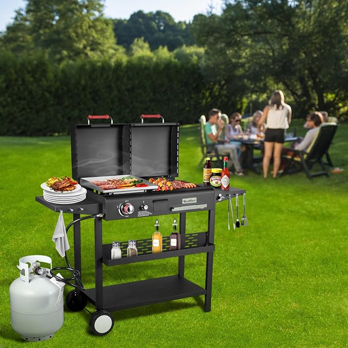 Propane Gas Griddle Charcoal Grill Combo Flat Top Griddle W/Dual Lids & 2 Side - Image 7