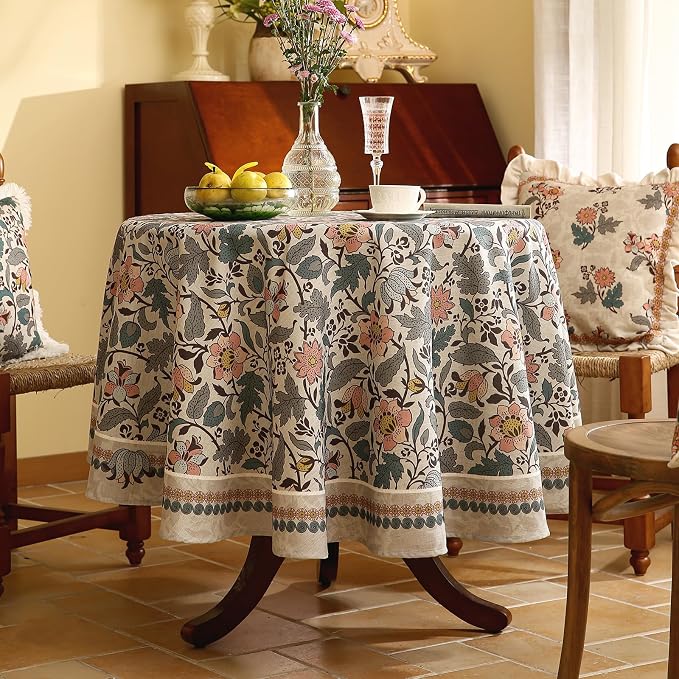 ISAENNE Designer Boho Floral Small Round Tablecloth, Linen Lotus Flower Pattern - Image 2