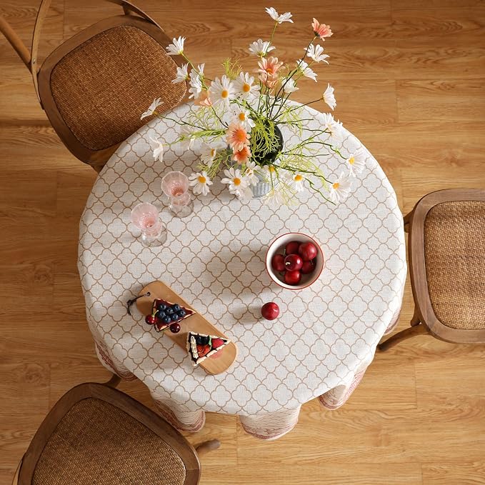 ISAENNE Designer Linen Floral Small Round Tablecloth, Pale Yellow Farmhouse - Image 8