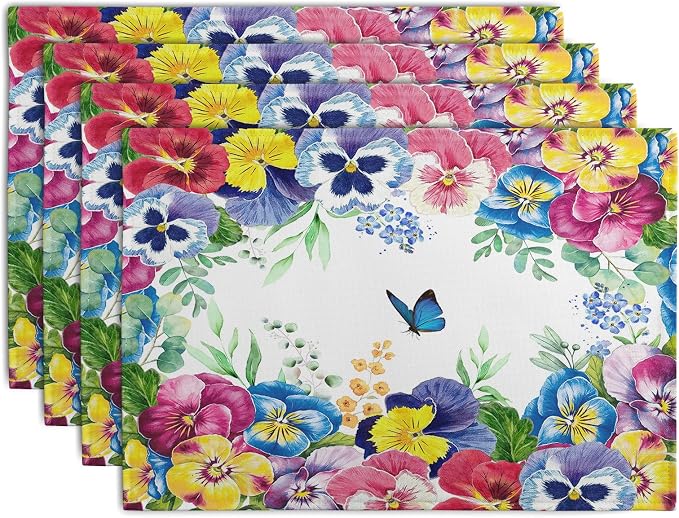 Watercolor Flowers Placemats Set of 4 Spring Summer Floral Butterfly Linen by Wnoesat