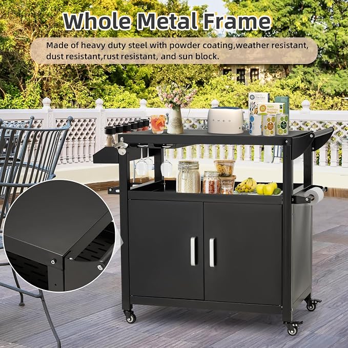 Outdoor Grill Prep Table Storage Cabinets Rolling Bar Grill Cart - Image 4