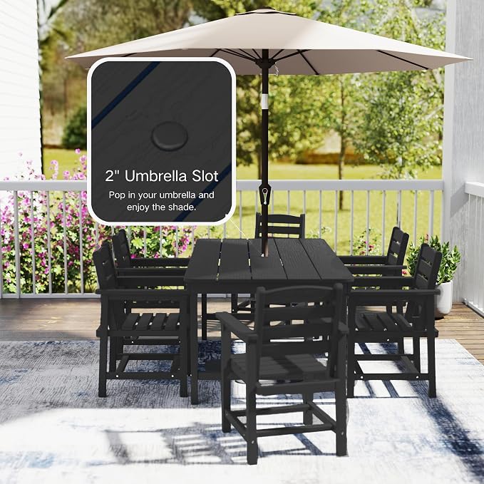 7 Piece Patio Dining Set with 11ft Patio Umbrella, 7 Black Outdoor HDPE Dining - Image 7