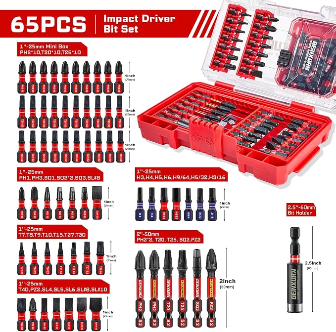 65Pieces Impact Screwdriver Bits Set, Magnetic S2 Steel - Image 2