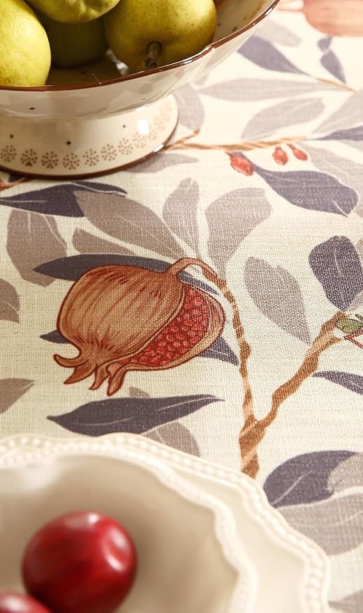 patdrea Designer Linen Small Round Tablecloth, Vintage Pomegranates and Leaves - Image 4