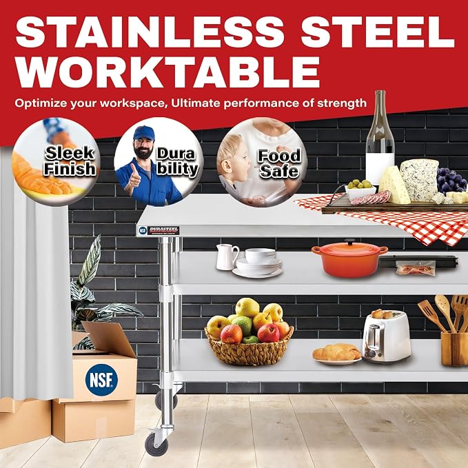 DuraSteel Stainless Steel Work Table 30" x 60" x 34" Height w/ 4 Caster Wheels - Image 3