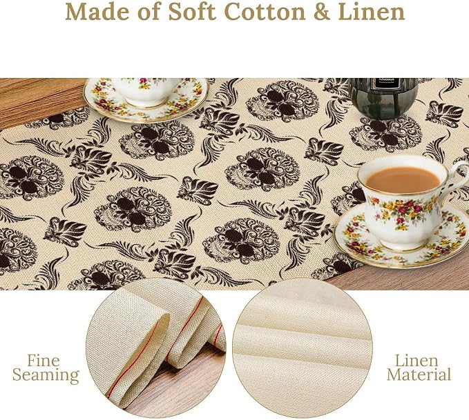 Gothic Table Runner, Retro Antique Damask Skull Pattern Classic Halloween Boho - Image 6