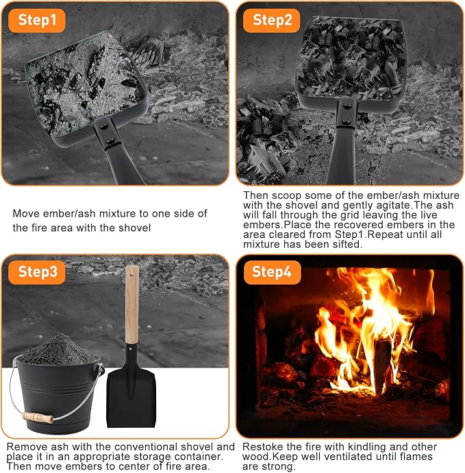 2PCS Hollow Out Fireplace Ash Sifter, 13 Inch Metal Black Coal Shovel Heat - Image 7