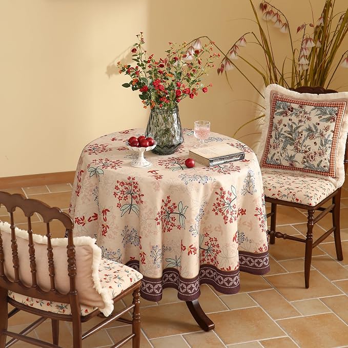 patdrea Designer Linen French Round Table Cloth, Vintage Red Floral Durable - Image 7