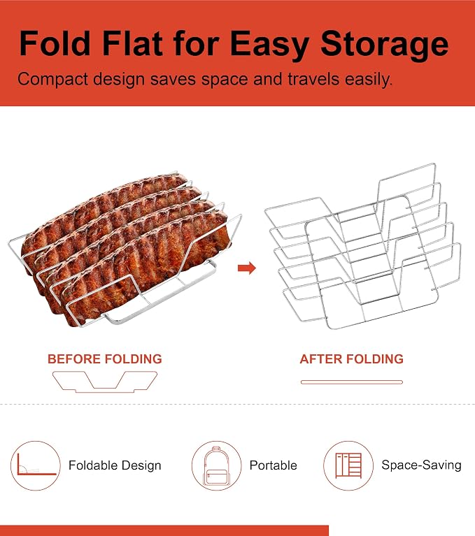 Rib Rack for Smoking – Foldable Extra Long Stainless Steel Rib Holder for 4 - Image 4