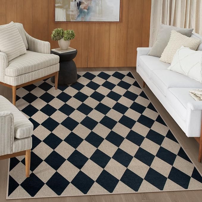 Easy Jute Black Checkered 5x7 Area Rug, Washable Modern Outdoor Rug - Image 5