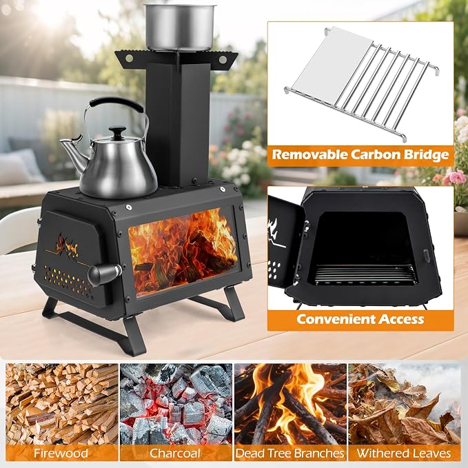 Camping Wood Stove, Portable Wood Burning Stove wtih X-shaped Pot Holder - Image 4