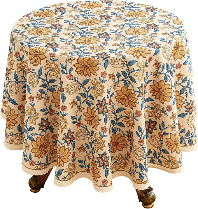 ISAENNE Designer Bohemian Floral Round Tablecloth, Linen Colorful Table Cloth by Isaennehomedecoration