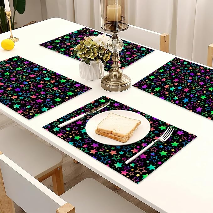 Neon Stars Placemats Set of 6 Linen Heat Resistant, Rainbow Glittering Table - Image 7