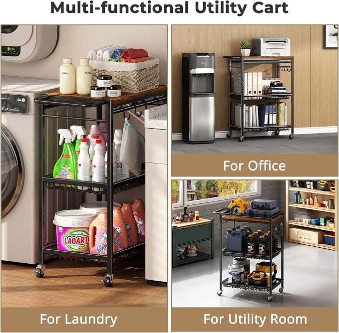 Microwave Kitchen Cart with Push Handle, 3 Tier Rolling Cart with 2 Lockable - Image 8