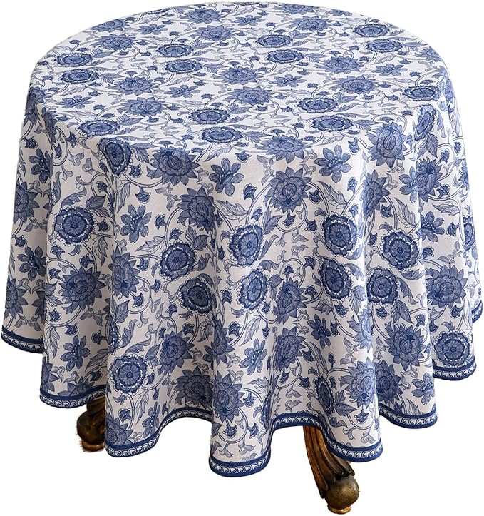 patdrea Designer Vintage French Round Table Cloth, Linen Durable Blue Paisley by Welcometopatdrea
