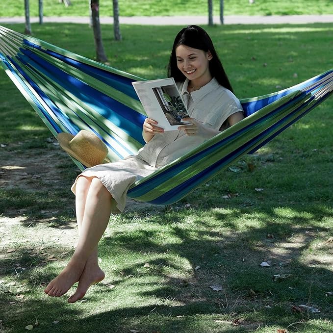 Double Cotton Hammock, Blue-Green Brazilian Style, 350 lb Capacity