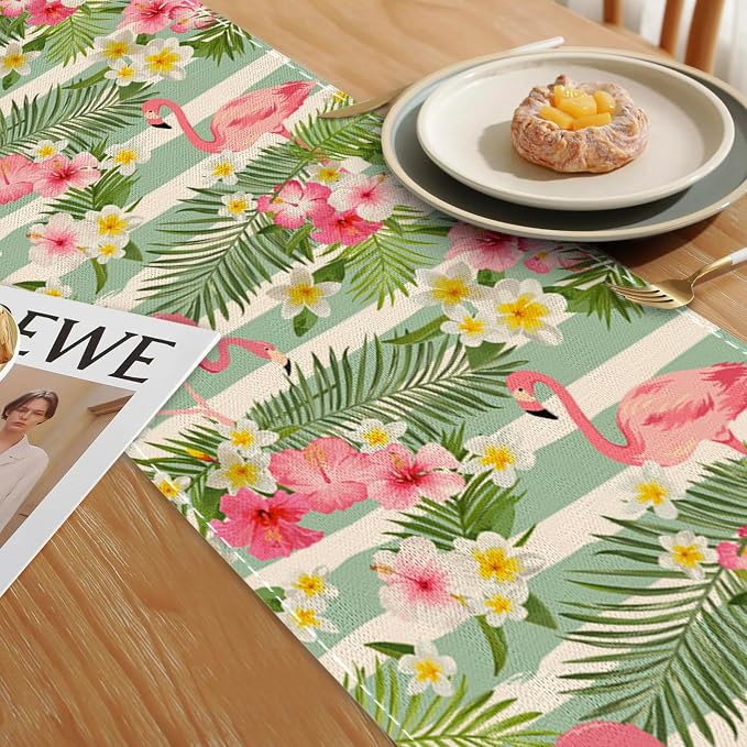 Flamingo Palm Leaf Hibiscus Table Runner Dresser Scarves Seasonal Linen - Image 6