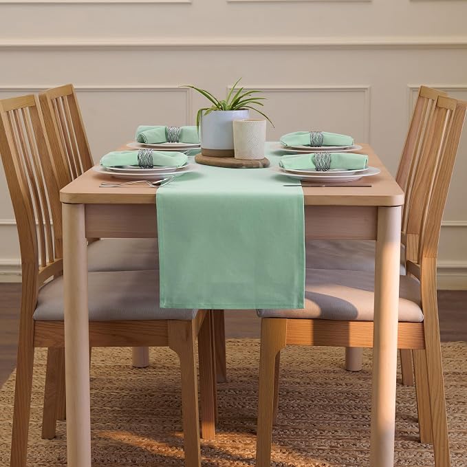 Encasa XO Table Runner 13"x91" Long | Cotton Canvas Fabric | Mint Green Solid - Image 4