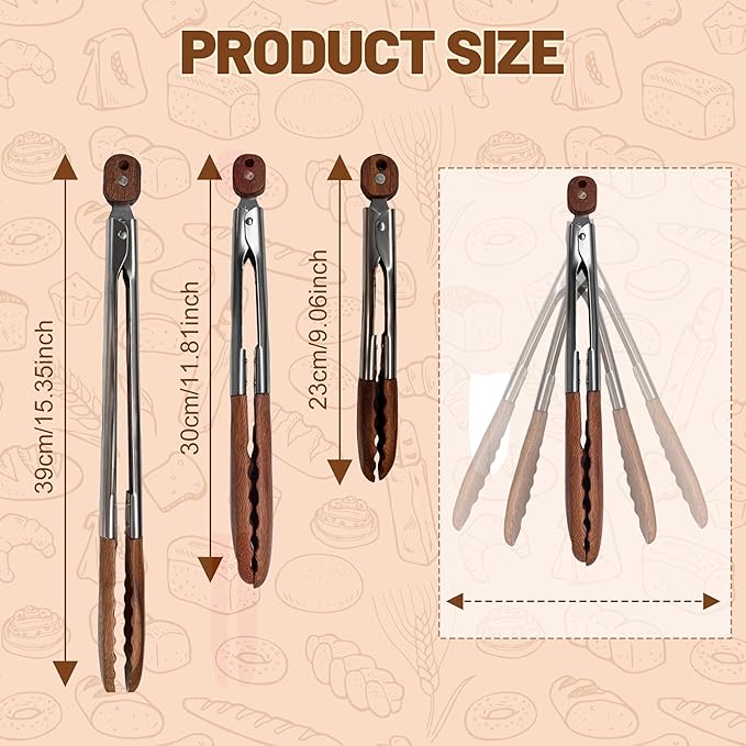 Tongs, 9 Inch Walnut Wood, Locking Design for Cooking