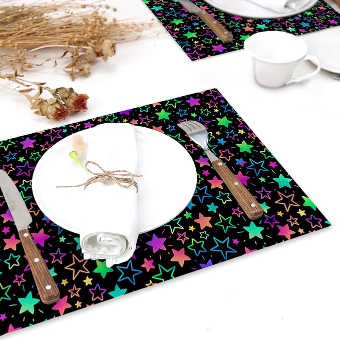 Neon Stars Placemats Set of 6 Linen Heat Resistant, Rainbow Glittering Table - Image 6