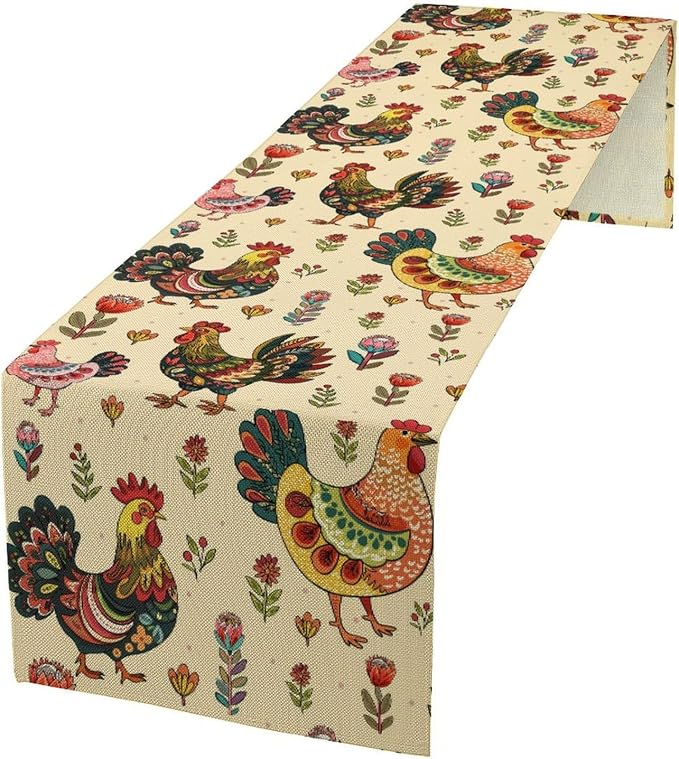 Rustic Farm Animal Table Runner, Vintage Rooster Boho Flowers Table Runner by Unknown