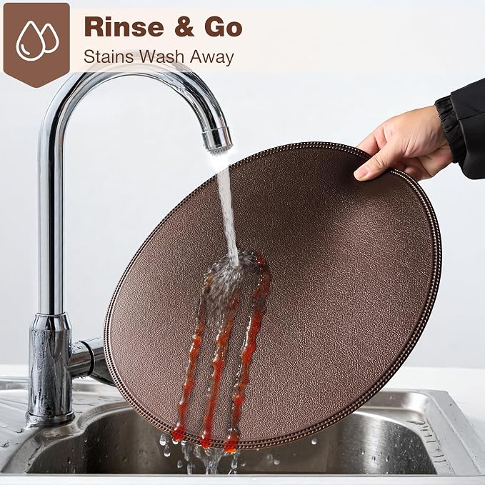 Round Vinyl Brown Placemats Set of 6, Faux Leather Waterproof Wipeable Heat - Image 7