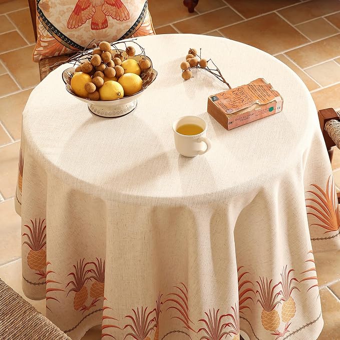 patdrea Designer Vintage Round Tablecloth, Pineapple Pattern Linen Tropical - Image 3