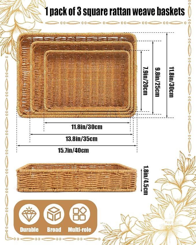 Woven Bread Basket, 3 Pack Wicker Fruit Baskets Rattan Bread Basket Poly Wicker - Image 2