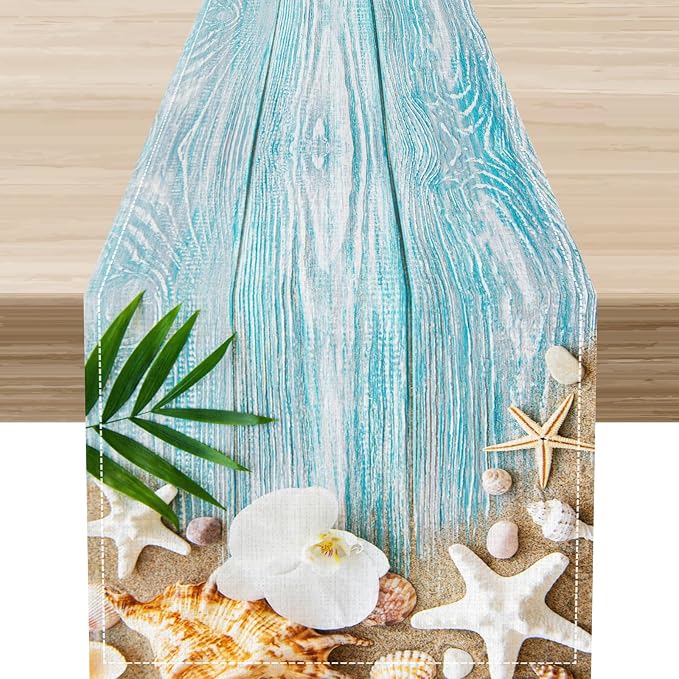 Blue Wooden Starfish Table Runner, Turquoise Tropical Summer Sandy Ocean Beach by Unknown