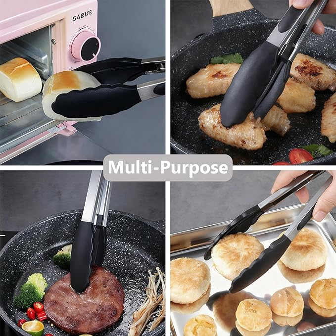 Tongs 9 and 12 Inch Black Stainless Steel with Silicone Tips