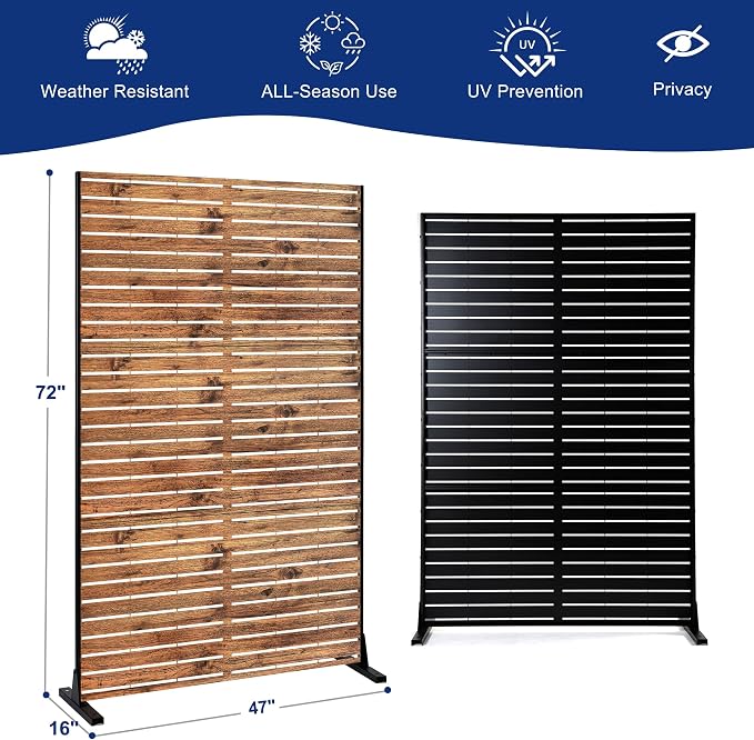 Metal Privacy Screen Outdoor 72" H×47" W Natural Wood Brown Patio Privacy Screen - Image 2