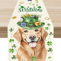 St.Patrick's Day Table Runner, Sharmrock Dog Hat Golden Retriever Beige Rustic by Unknown