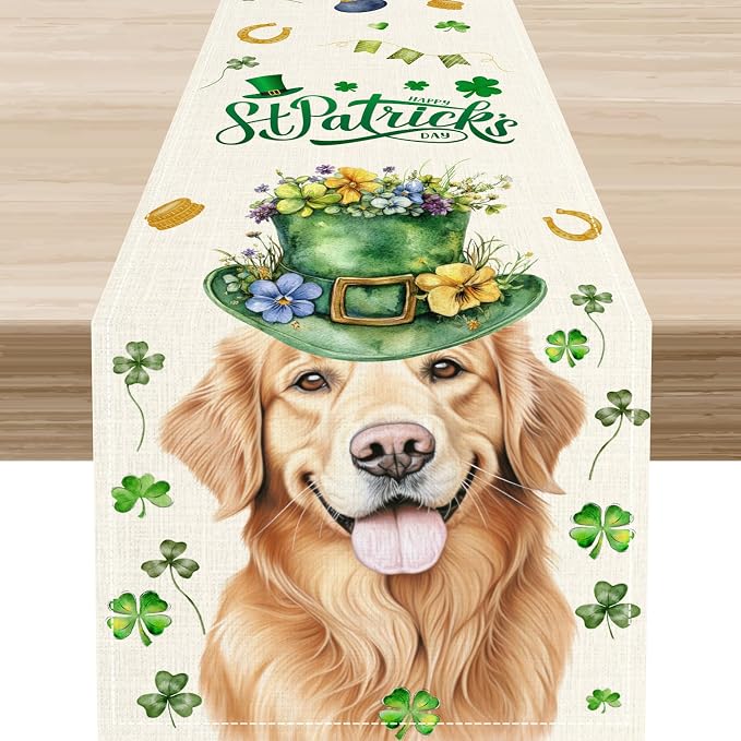 St.Patrick's Day Table Runner, Sharmrock Dog Hat Golden Retriever Beige Rustic by Unknown