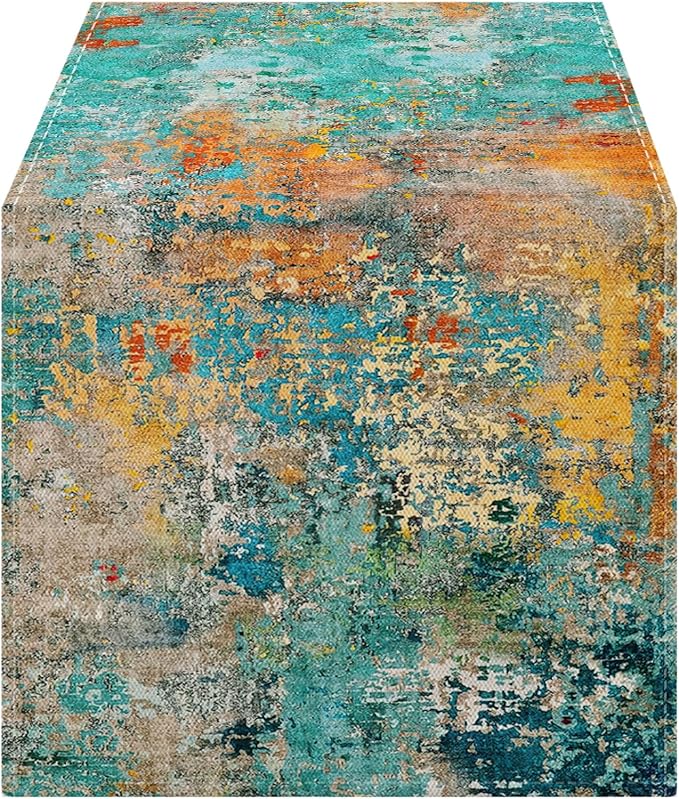 OYIMUA Modern Abstract Teal Yellow Colorful Table Runner 13 x 36 Inches Summer by OYIMUA