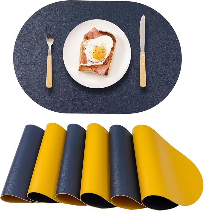 Reversible Placemats Set of 6 Waterproof Oval Faux Leather Placemat Navy Blue by Unknown