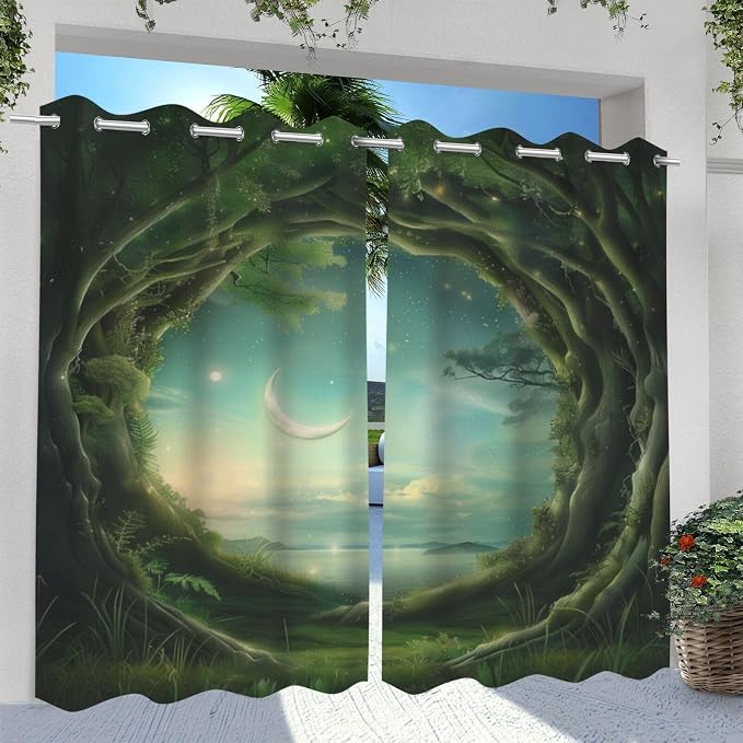 Forest Theme Waterproof Indoor/Outdoor Curtains, Trees Moon Lake Pattern - Image 2
