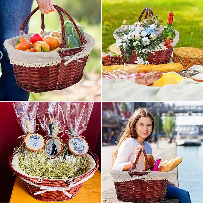 Brown Wicker Basket with Linen Lining, 14 Inch Large Wicker Woven Picnic Basket - Image 7
