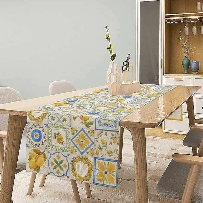 Yellow Lemon Summer Table Runner, Watercolor Spring Yellow and Blue Flower - Image 2