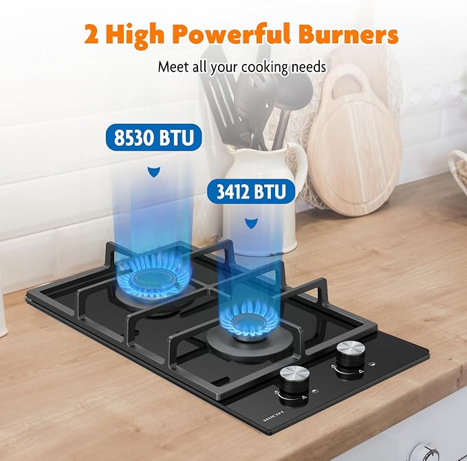 2 Burner Gas Cooktop, 12 Inch Built-in Propane/LPG/NG Dual Fuel Stove, - Image 2
