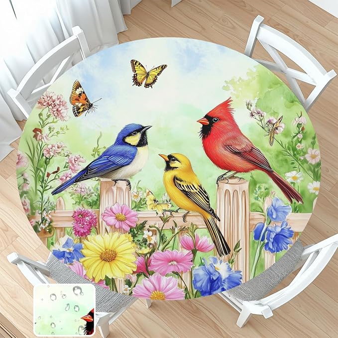 Spring Birds Floral Round Fitted Tablecloth by Unknown