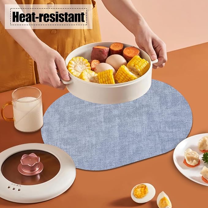 Leather Placemats Set of 6 Non Slip, Oval Blue Faux Leather Placemat Waterproof - Image 3