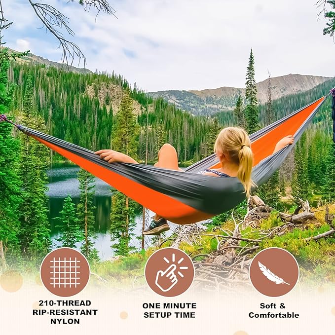 Hammocks, 2-Person Portable Camping Hammock, Orange and Grey, 500 lb Limit