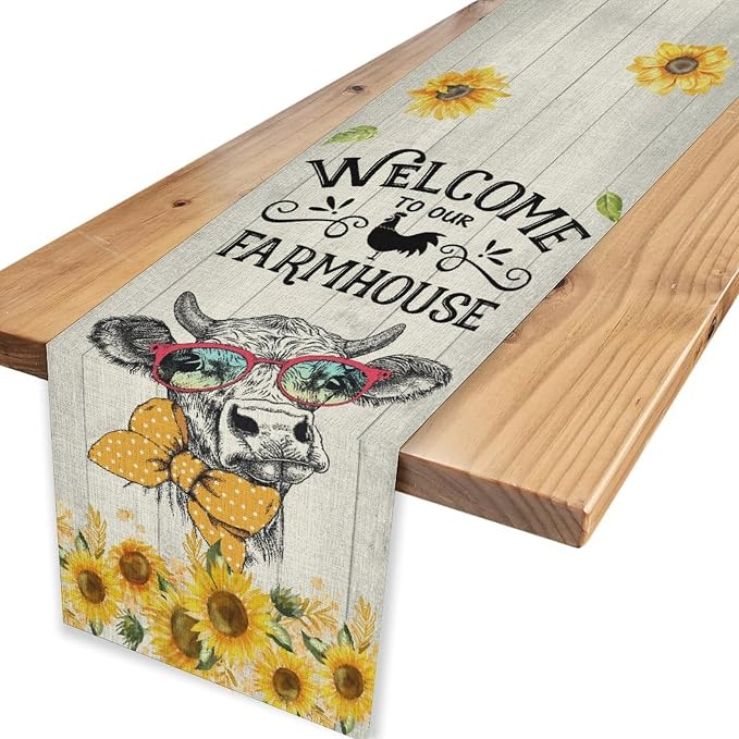 Farmhouse Cow Table Runner, Rustic Yellow Sunflower Floral Buffalo Animals - Image 4