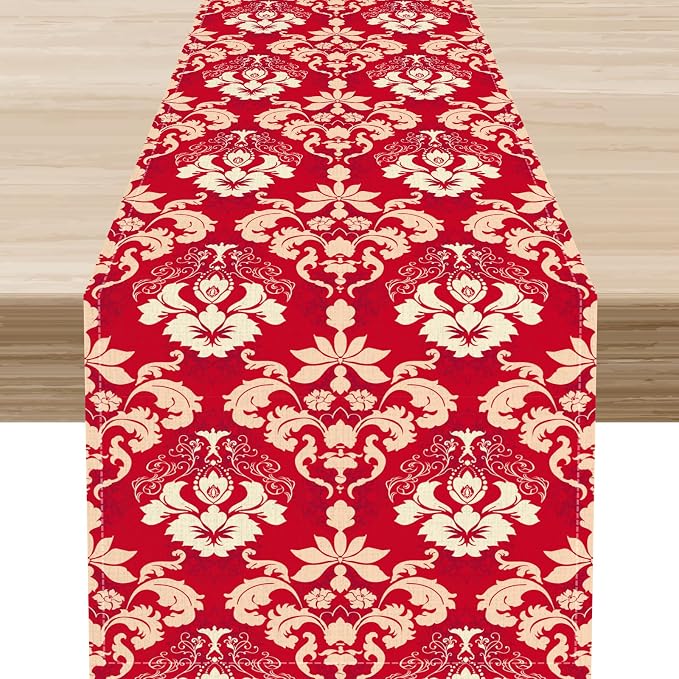Damask Table Runner, Rustic Gothic Red Baroque Style Floral Boho Flower Antique by Unknown
