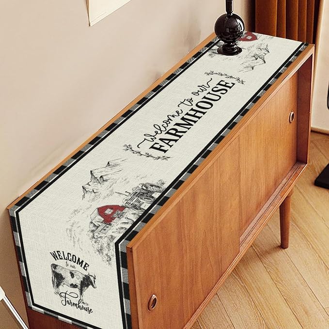 Farmhouse Table Runner, Rustic Country Barn Cottage Rooster Cow Check Animal - Image 3